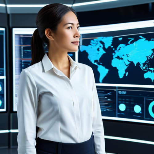 A professional female data architect in a modest business suit, standing confidently in a brightly lit, futuristic data command center. Large transparent screens display dynamic data flow diagrams, complex network graphs, and real-time performance metrics, visually representing intelligent scaling and horizontal distribution. The scene features high-resolution professional studio photography, perfect anatomy, correct proportions, natural pose, well-formed hands, and proper finger count. The overall aesthetic is clean and modern, with a subtle glow from the screens. fully clothed, appropriate attire, professional dress, safe for work, appropriate content, family-friendly.