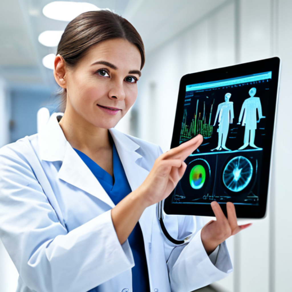 Healthcare Innovation**

A female doctor in a modern, brightly lit hospital hallway, fully clothed in professional medical attire, holding a tablet displaying complex data visualizations. Background includes blurred images of advanced medical equipment and colleagues in lab coats. Focus on conveying innovation and patient care. Safe for work, appropriate content, professional, perfect anatomy, correct proportions, natural pose, well-formed hands, proper finger count, natural body proportions, high quality.

**