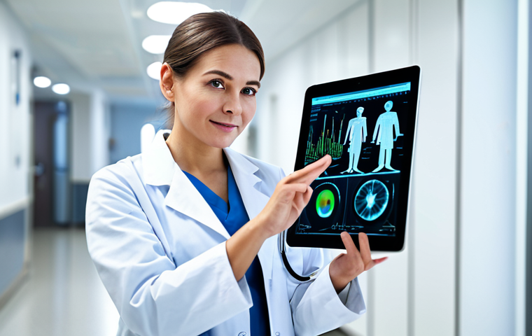 Healthcare Innovation**

A female doctor in a modern, brightly lit hospital hallway, fully clothed in professional medical attire, holding a tablet displaying complex data visualizations. Background includes blurred images of advanced medical equipment and colleagues in lab coats. Focus on conveying innovation and patient care. Safe for work, appropriate content, professional, perfect anatomy, correct proportions, natural pose, well-formed hands, proper finger count, natural body proportions, high quality.

**