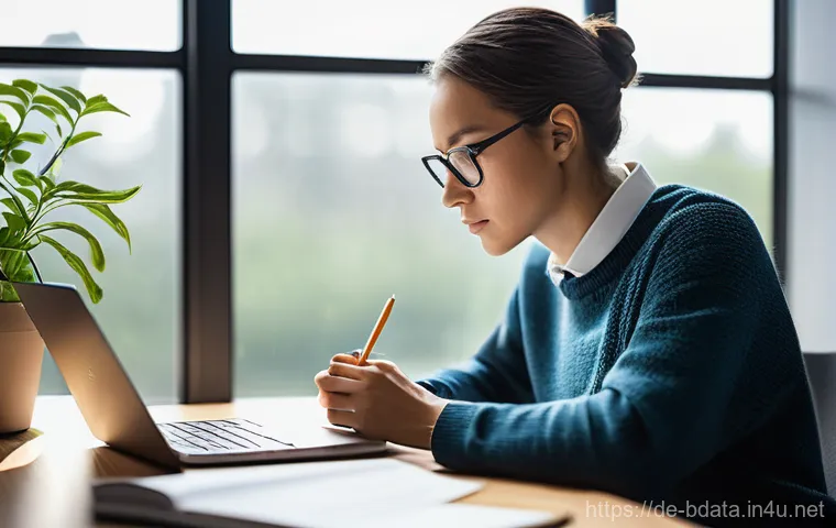 빅데이터 기술자의 멘탈 관리 - **Prompt:** A young Big Data specialist (gender-neutral, 20s-30s) sits at a sleek, modern desk with ...
