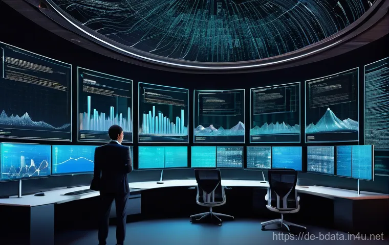 빅데이터 학습용 추천 강의 - A highly detailed, professional illustration depicting the transformation of a vast, abstract "data ...