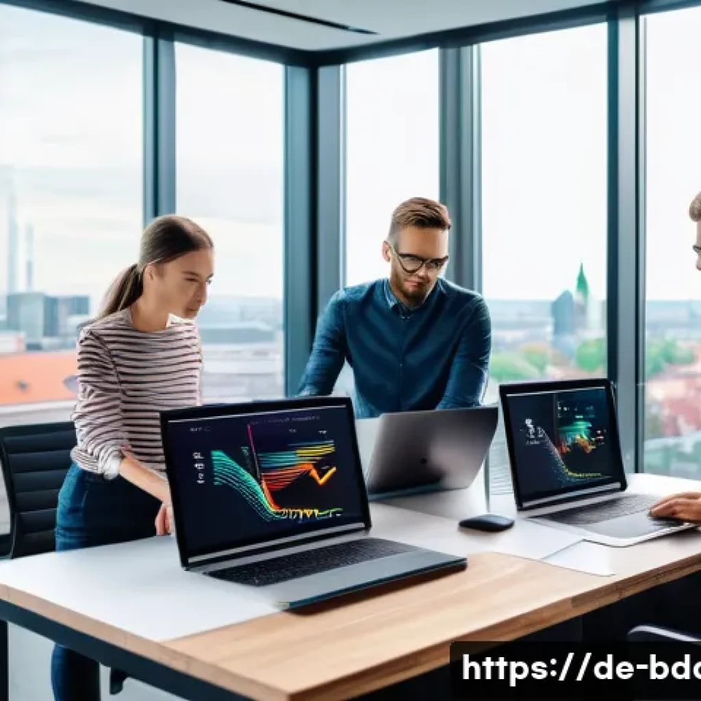빅데이터 기술자와 소프트웨어 설계 - A modern office environment in a German tech company showing a diverse team of data scientists and s...
