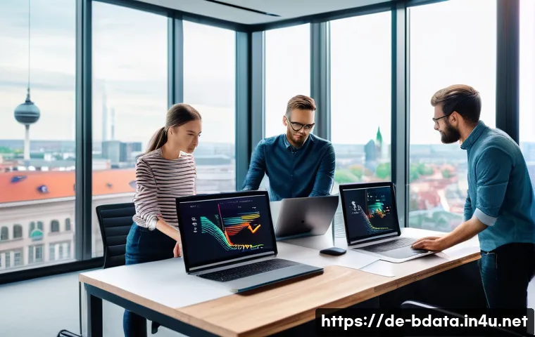 빅데이터 기술자와 소프트웨어 설계 - A modern office environment in a German tech company showing a diverse team of data scientists and s...