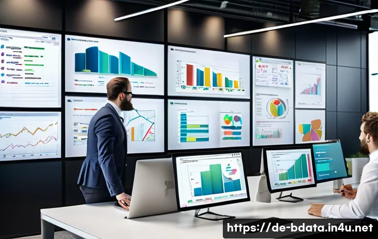 빅데이터 프로젝트의 성공적인 종료 사례 - A modern office environment showing a diverse team of data scientists, IT experts, and business stak...