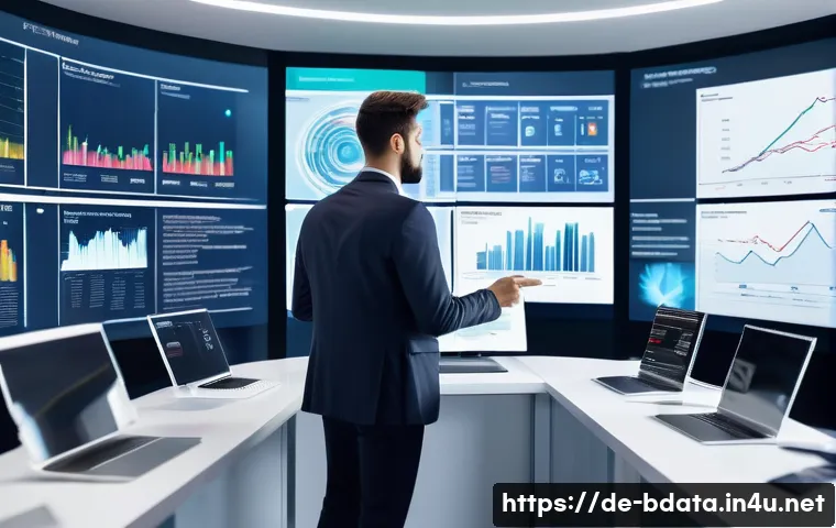빅데이터 기술자와 데이터 자동화 사례 - A modern office setting with a diverse team of professionals collaborating around large digital scre...