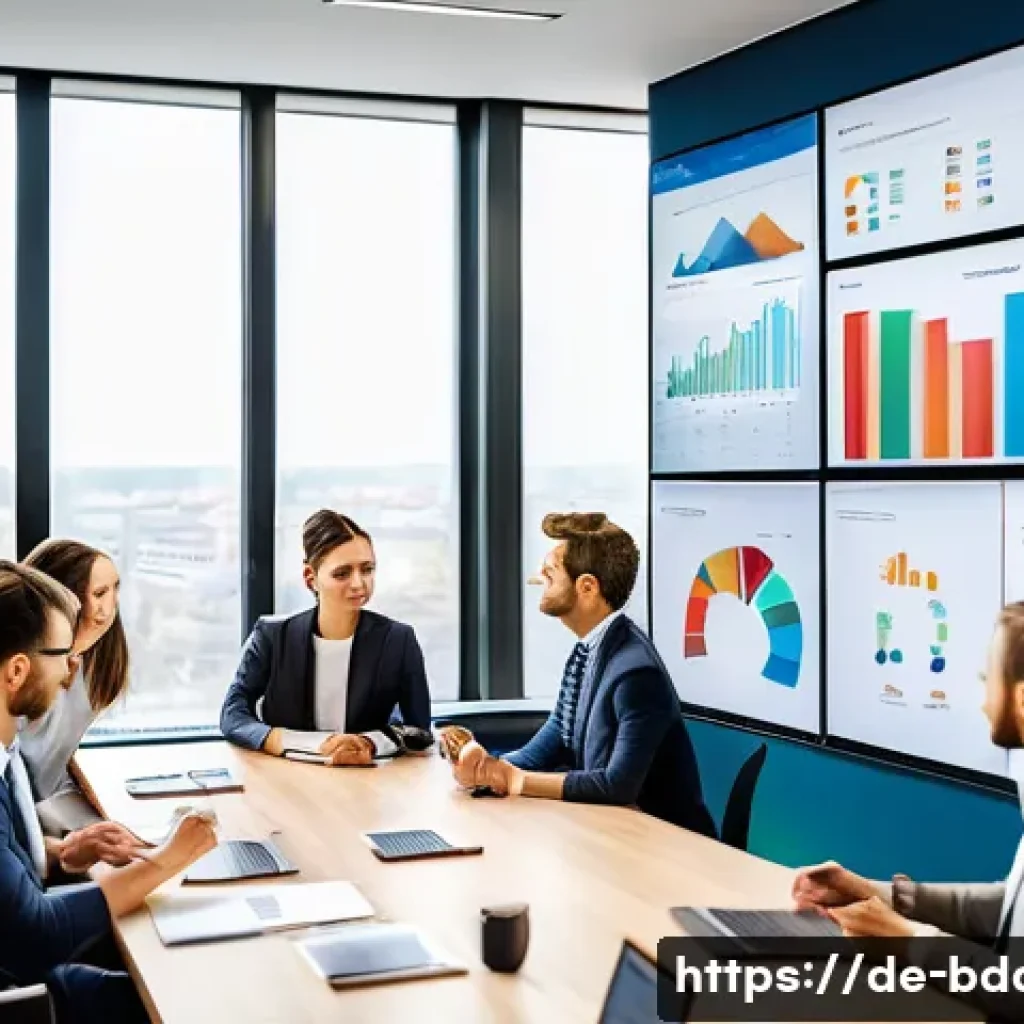 빅데이터와 비즈니스 목표 정렬 사례 - A modern corporate meeting room in a sleek Berlin office, showing a diverse group of professionals&mdash;d...