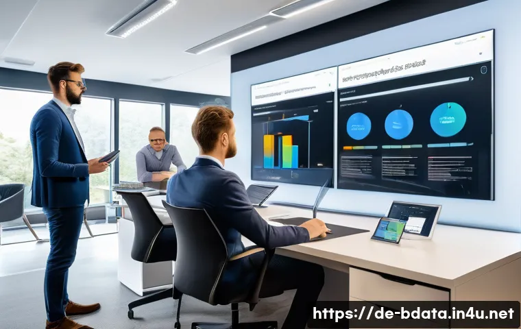 빅데이터 기술자 자기계발 도서 추천 - A modern German office setting with diverse data engineers and analysts collaborating around a large...