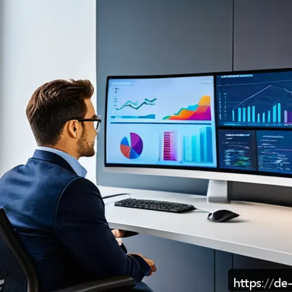 빅데이터 기술자의 데이터 시각화 디자인 사례 - A modern office scene showing a professional data analyst working on a large curved monitor displayi...
