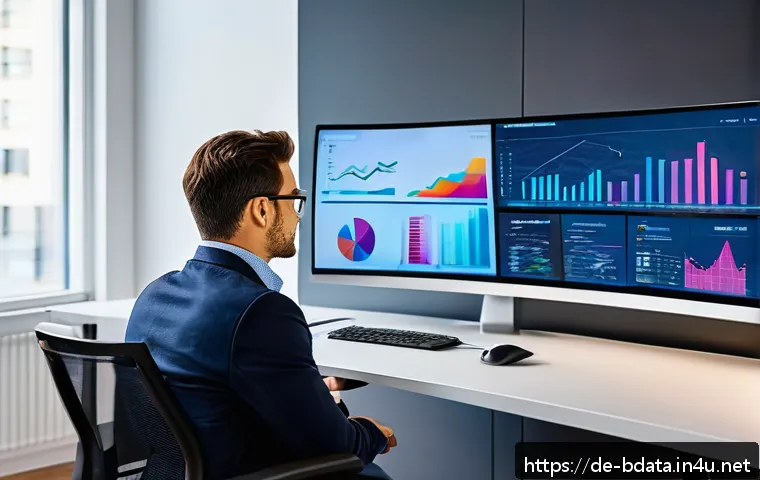 빅데이터 기술자의 데이터 시각화 디자인 사례 - A modern office scene showing a professional data analyst working on a large curved monitor displayi...