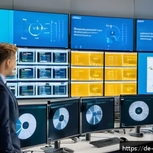 빅데이터 실무 사례 분석 - A modern German industrial factory control room showcasing Edge Computing technology: large transpar...