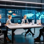 빅데이터 기술자 직무 환경 변화 - A modern office scene showing a diverse team of Big Data professionals collaborating around a digita...