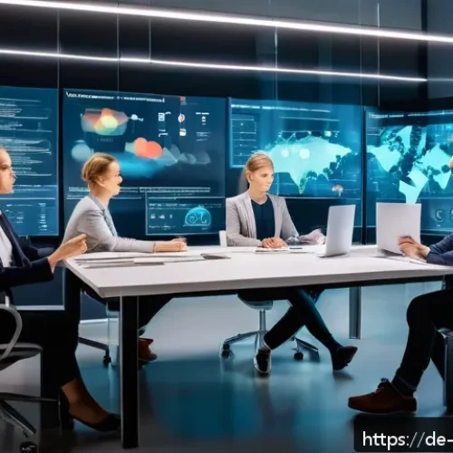 빅데이터 기술자 직무 환경 변화 - A modern office scene showing a diverse team of Big Data professionals collaborating around a digita...