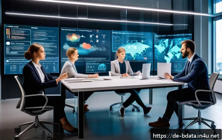빅데이터 기술자 직무 환경 변화 - A modern office scene showing a diverse team of Big Data professionals collaborating around a digita...