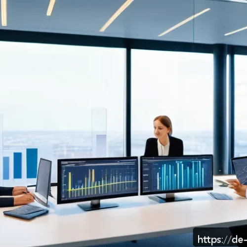 빅데이터 기술자와 디지털 변혁 사례 - A modern office scene in a German midsize company showing a diverse team of data analysts working co...