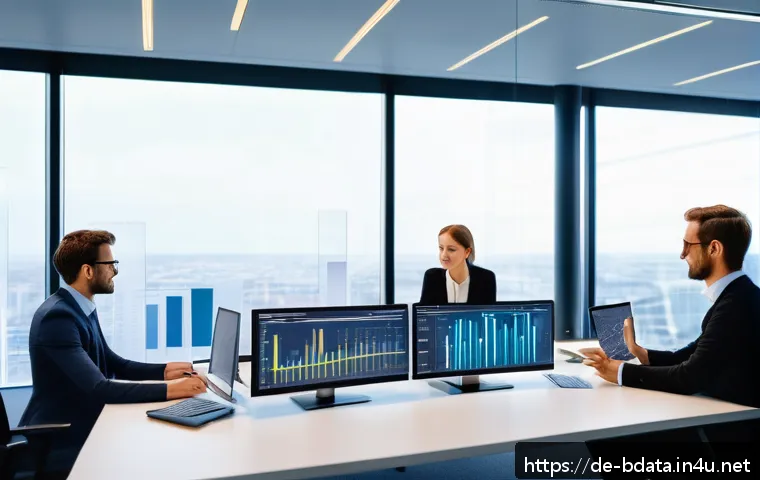 빅데이터 기술자와 디지털 변혁 사례 - A modern office scene in a German midsize company showing a diverse team of data analysts working co...