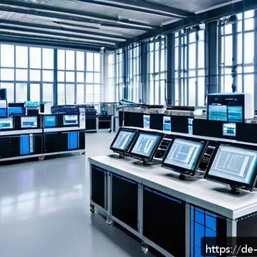 빅데이터 분석 사례 모음 - A modern German manufacturing plant interior featuring advanced machinery equipped with numerous sen...
