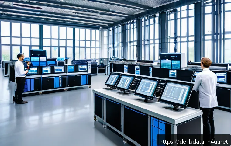 빅데이터 분석 사례 모음 - A modern German manufacturing plant interior featuring advanced machinery equipped with numerous sen...