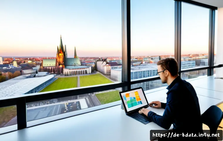 빅데이터 기술자 직무에서의 멀티태스킹 전략 - Photorealistic big data engineer in a modern Frankfurt office, calmly managing multiple tasks with t...
